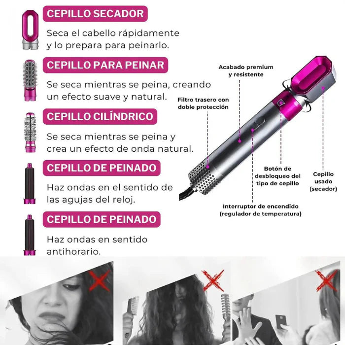 MULTICEPILLO 5 En 1: Secar, Alisar y Voluminizar tu Cabello + Ebook Cuidados con el Cabello